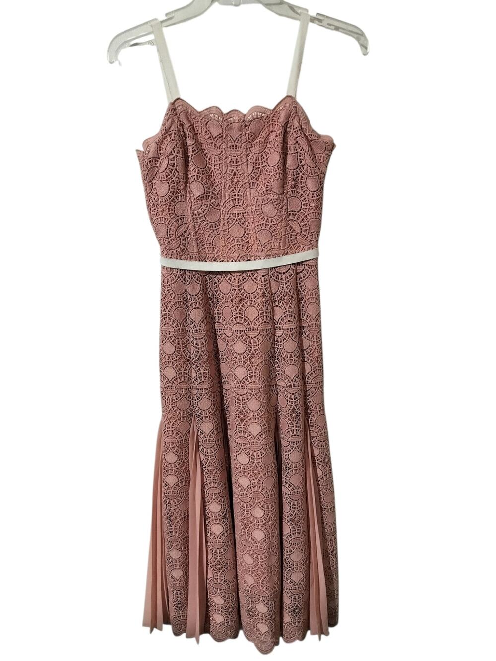 6075)Gianni Bini Blush Pink Crochet Lace Belt Trim Fit&Flare Midi Dress Sz 0